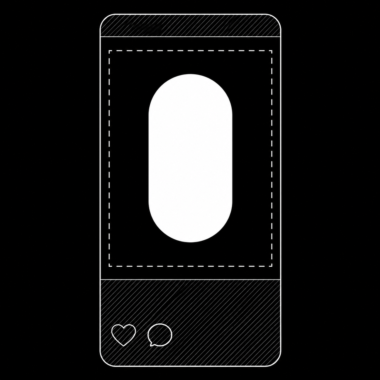 A 9:16 frame with the top and bottom UI overlay zones hatched and the centered safe area marked