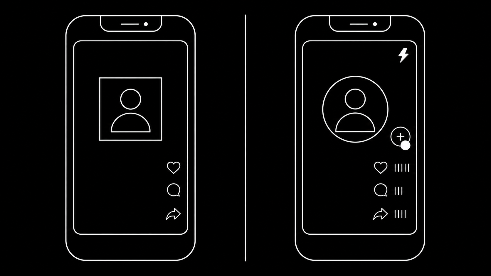 A standard dark in-feed ad next to a Spark Ad: the Spark Ad keeps the creator profile, follow button, and accumulated engagement counts