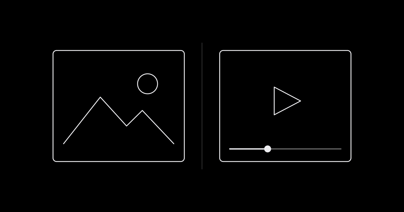 A still image frame beside a video frame with a play button and scrubber