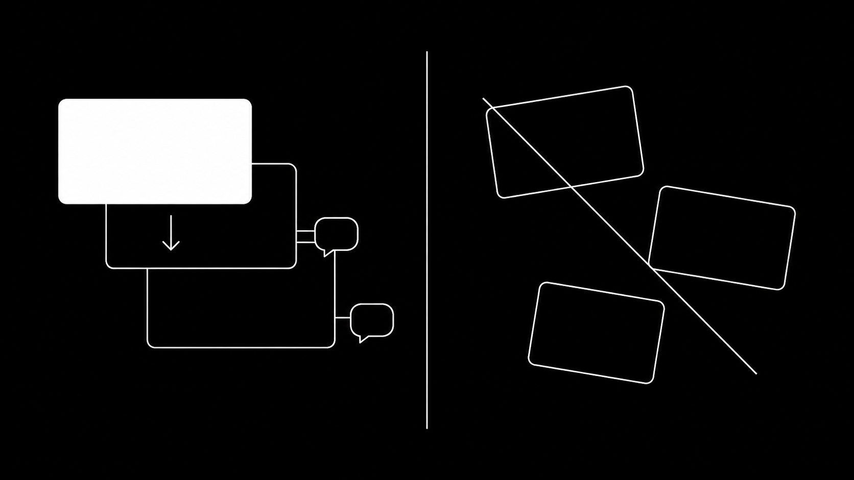Version stacking: v1, v2, and v3 of one creative stacked in a single card with comments attached to each version, versus forked duplicate files